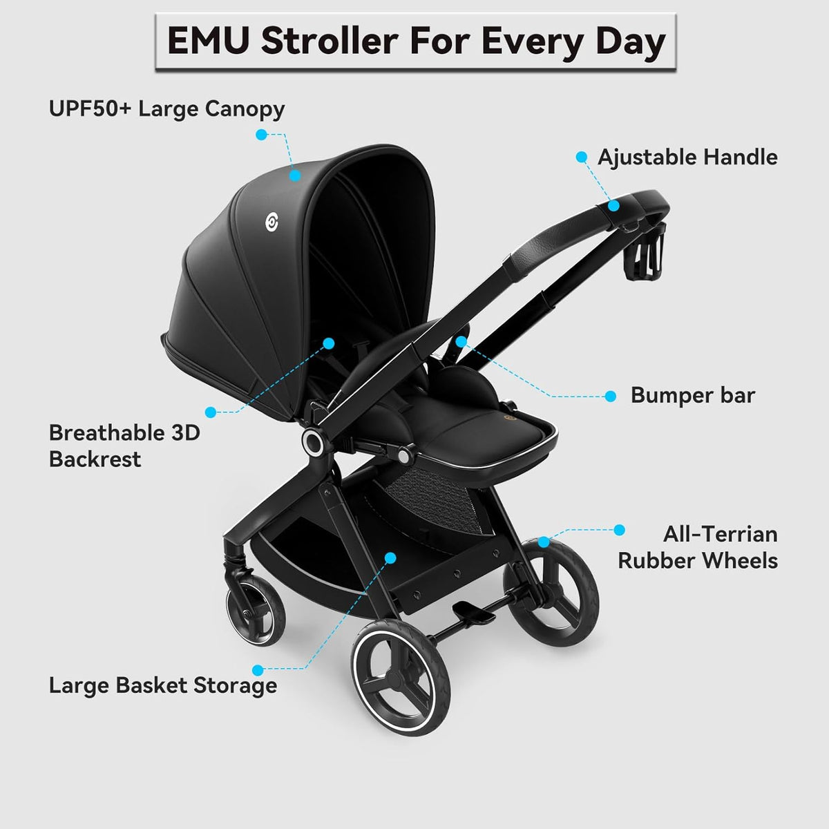 EMU kinderwagen tegen rijrichting buggy, opvouwbaar, compacte babybuggy, zwart, omkeerbaar zitje, kinderwagen met ligfunctie, voor klein van 0 tot 3 jaar (0-25 kg)