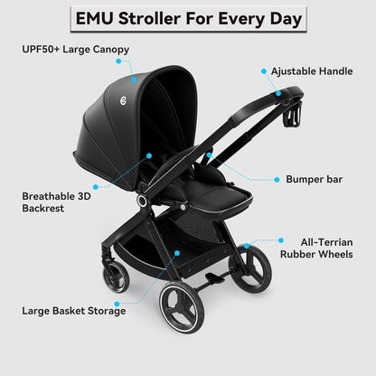 EMU kinderwagen tegen rijrichting buggy, opvouwbaar, compacte babybuggy, zwart, omkeerbaar zitje, kinderwagen met ligfunctie, voor klein van 0 tot 3 jaar (0-25 kg)