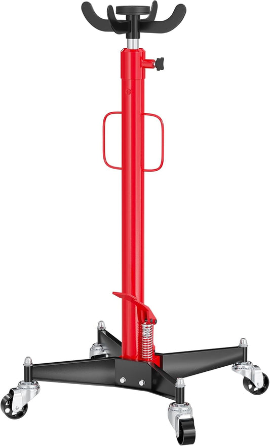 Wiltec hydraulische transmissiekrik 500 kg, mobiele versnellingsbakkrik met 4 zwenkwielen, krik voor versnellingsbakken met hefhoogte 110-190 cm, werkplaatskrik met hefklauw en pedaal