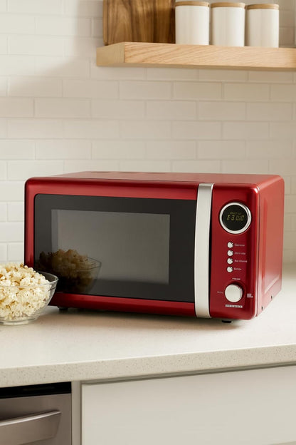 Melissa 16330109 Classico Magnetronoven, retrodesign, metalen behuizing, 20 liter ovenruimte, 700 watt magnetronvermogen, timer, 5 standen, rood metallic