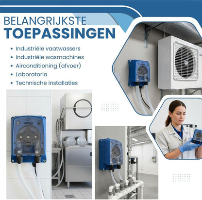 Peristaltische doseerpomp, verstelbaar, 120 ml/min, doseerder voor wasmiddel en glansspoelmiddel voor industriële vaatwassers, IP65, 5 W, wandmontage - QUORE