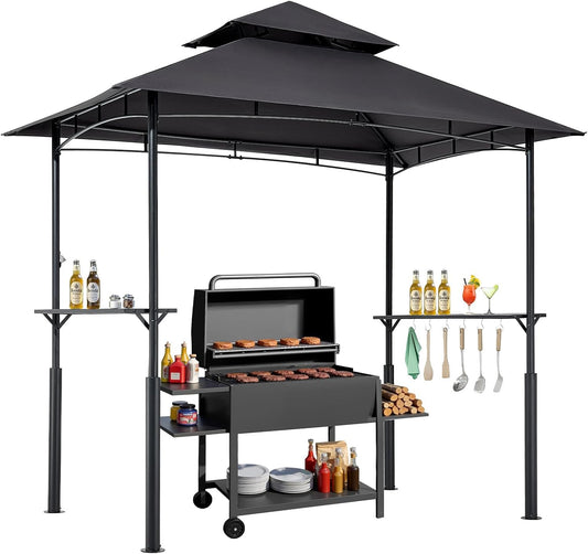 VEVOR Grillpaviljoen, 2,4 x 1,5 m versterkt outdoor barbecue-paviljoen met dubbel gelaagd dak, gepoedercoat stalen terrasgrillonderdak met 2 zijplanken en 8 haken, grillluifel voor terras, achtertuin
