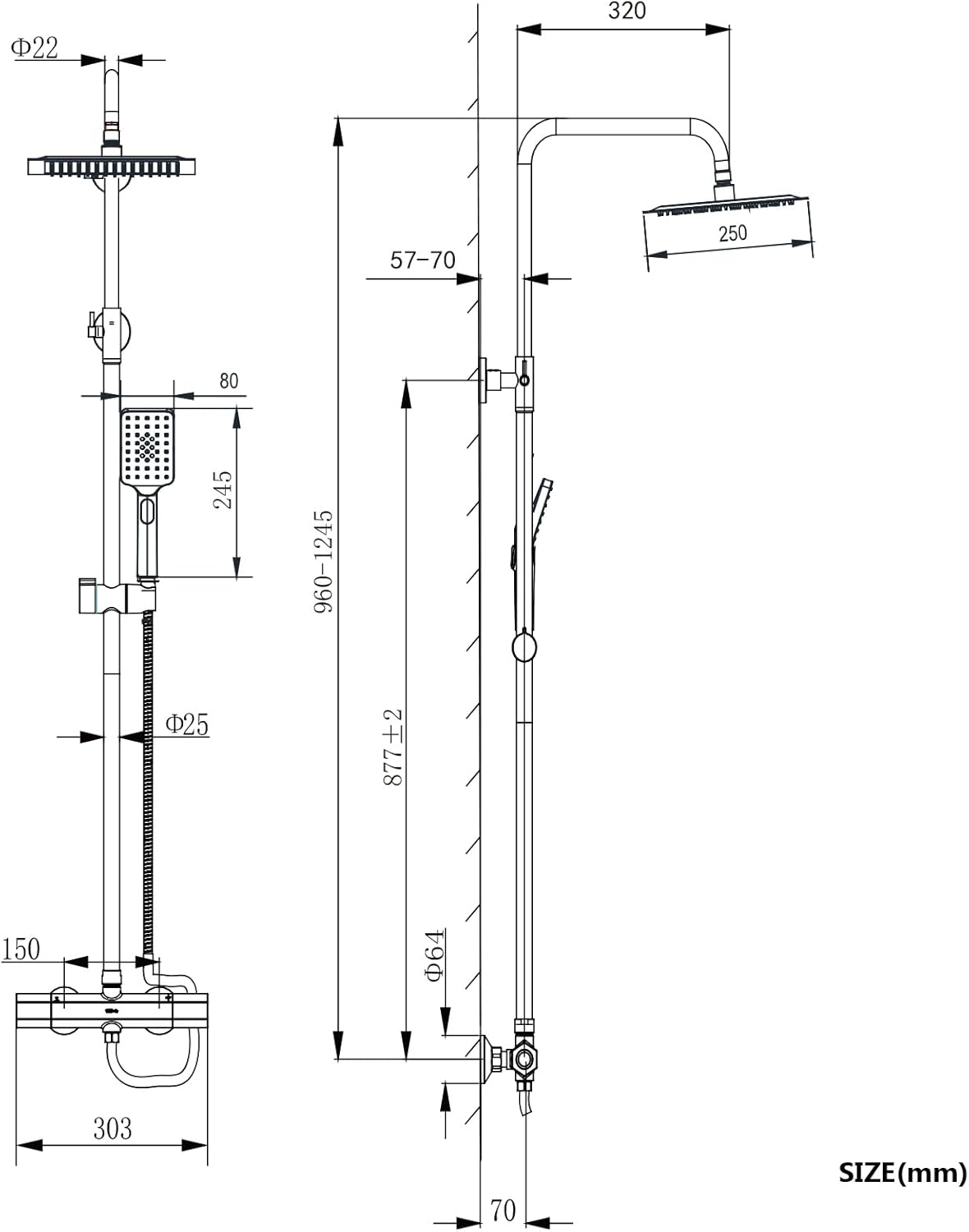 Douchesysteem met thermostaat, regendouche, doucheset, roestvrij stalen douchezuil met douchekop en handdouche, verstelbare douchestang, 960-1245 mm, complete douche-set voor badkamer, zwart