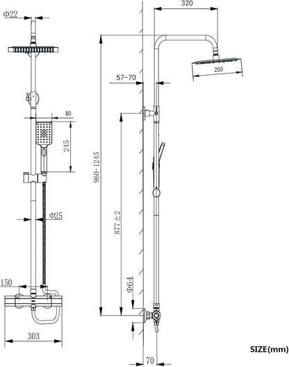 Douchesysteem met thermostaat, regendouche, doucheset, roestvrij stalen douchezuil met douchekop en handdouche, verstelbare douchestang, 960-1245 mm, complete douche-set voor badkamer, zwart