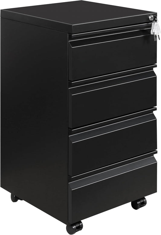 Rolkast, afsluitbare archiefkast met 4 sleutels, metalen kantoorkast, archiefkast onder bureau, met 4 laden, voorgemonteerd, afsluitbaar, kantoor, zwart