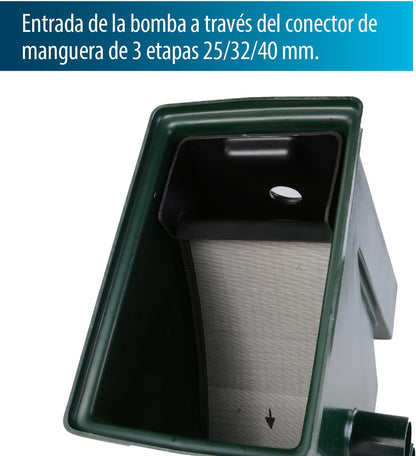 AquaForte CompactSieve, 49 x 32 x 55 cm, zebelement 40 x 24 cm en doorlaat 300 micron, max. vermogen 15 m³/uur, pompingang 3 kranen 25/32/40 mm slangaansluiting, af- en overloopbeveiliging 75 mm
