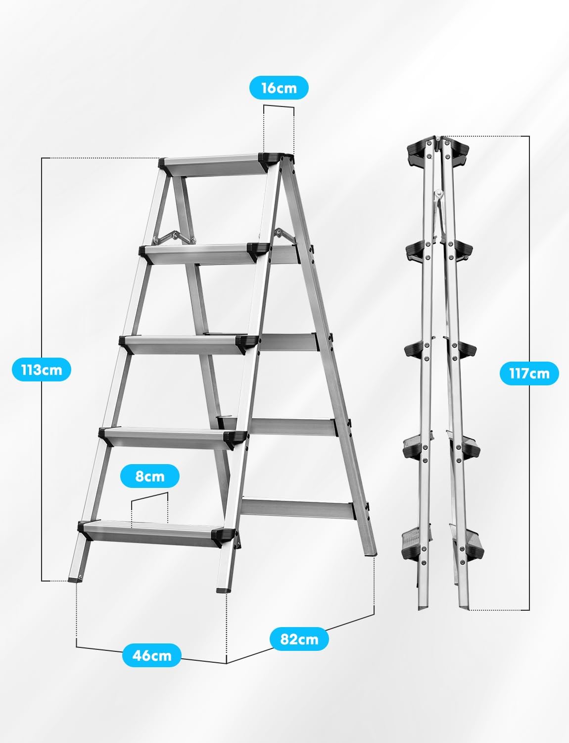 Trapladder met 5 treden, inklapbaar, van aluminium, kleine huishoudladder met dubbele toegang, antislip en stabiel, maximale capaciteit 150 kg, gemakkelijk op te bergen