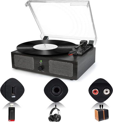 Platenspeler - Geïntegreerde Luidsprekers - Vintage Fonograaf - met Bluetooth-Riemaandrijving - 3 snelheden - voor Muziekgenot - Woondecoratie - Hout - Kolenzwart