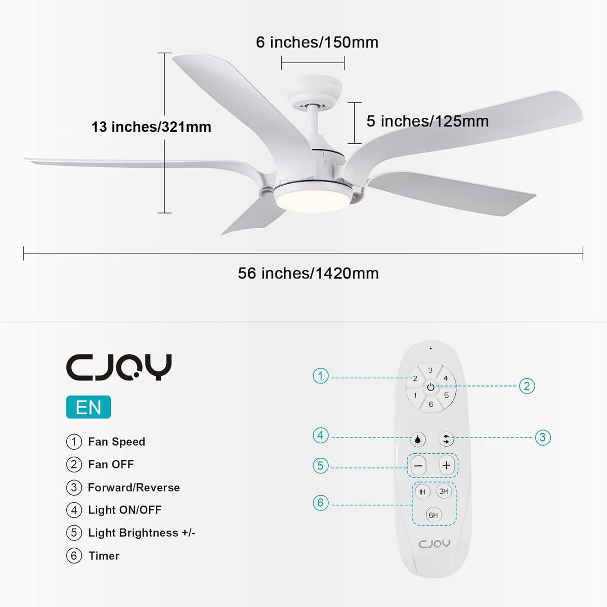 CJOY Plafondventilator met Lamp, LED Plafondventilator met Verlichting 142 cm Dimbaar, Plafondventilator Met Licht 3 Kleurtemperatuur 3000K/4000K/6500K, Zomer- en Wintermodi