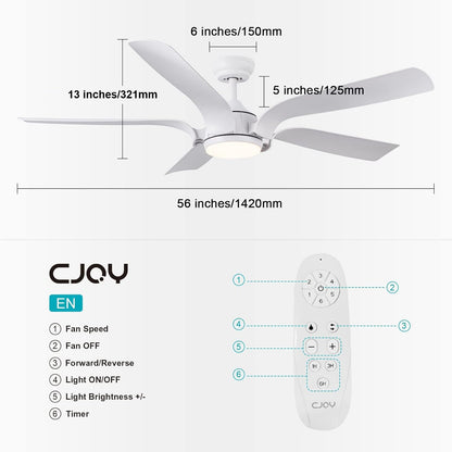 CJOY Plafondventilator met Lamp, LED Plafondventilator met Verlichting 142 cm Dimbaar, Plafondventilator Met Licht 3 Kleurtemperatuur 3000K/4000K/6500K, Zomer- en Wintermodi