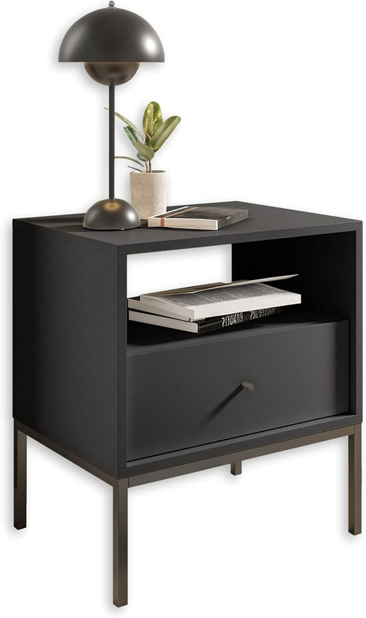 Nachtkastje – Bedside Table – Nachtkast – Bijzettafel – Slaapkamerkastje – Metalen Frame – Ruime Lade en Open Opbergruimte – Compact 54x57x39 cm – Graphite Kleur