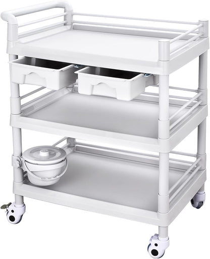 Rolling Utility Cart,Qiwey Grote Medische Utility Cart met 2 Laden,3-Tier Esthetician Cart met Wielen voor Schoonheidssalon SPA Commerciële Ziekenhuis Kantoor Lab Cart Wit