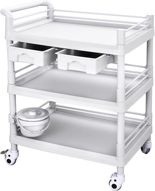 Rolling Utility Cart,Qiwey Grote Medische Utility Cart met 2 Laden,3-Tier Esthetician Cart met Wielen voor Schoonheidssalon SPA Commerciële Ziekenhuis Kantoor Lab Cart Wit