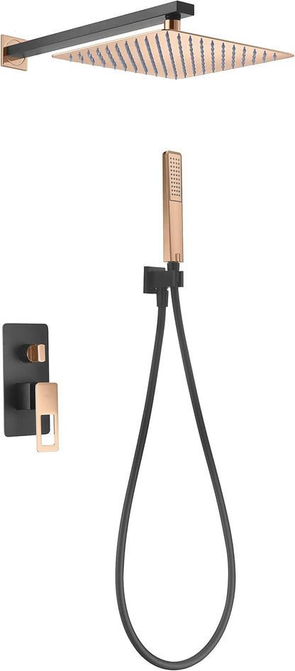 Douche Set – Regendouche – Douchekraan – Doucheset – Handdouche – Zwart Roségoud – Grote Vierkante Douchekop 25x25 cm – Antikalk Roestvrij Staal