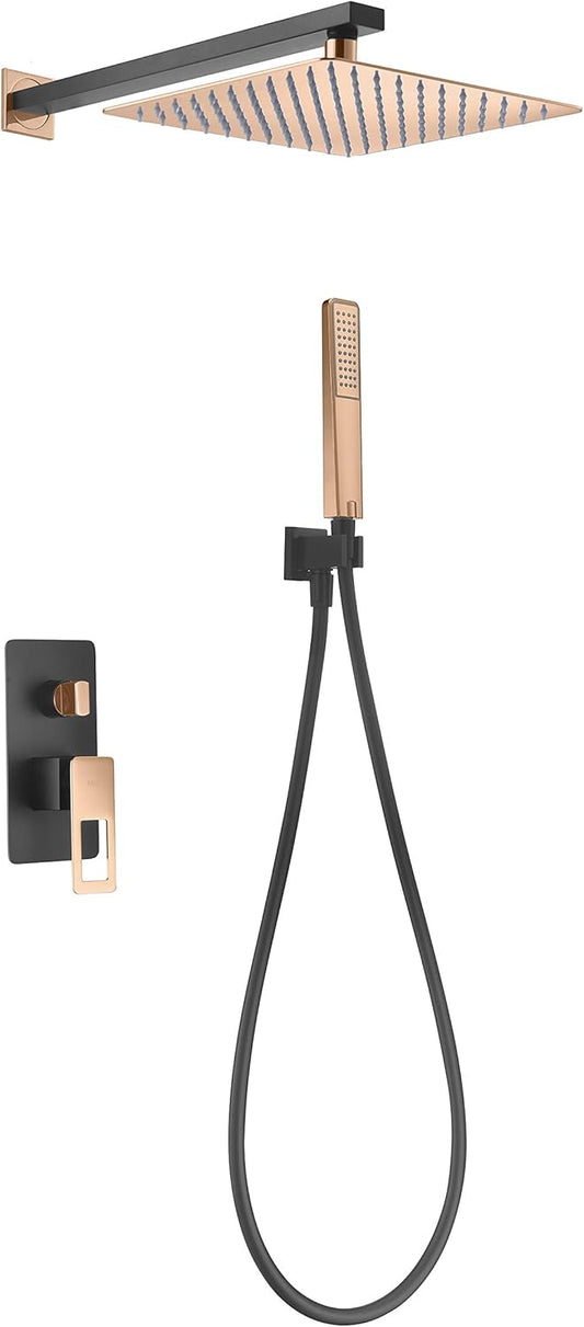 Douche Set – Regendouche – Douchekraan – Doucheset – Handdouche – Zwart Roségoud – Grote Vierkante Douchekop 25x25 cm – Antikalk Roestvrij Staal