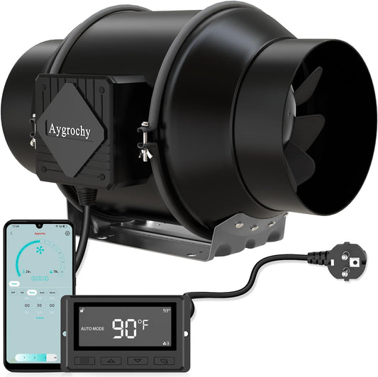 Aygrochy Buisventilator, 150 mm, wifi-app, EC-motor, 55 W, 683 m³/h, 2800 omw/min, afvoerventilator met temperatuur- en vochtigheidsregelaar, buisventilator voor kweektent, kweekbox, luchtafzuiging en