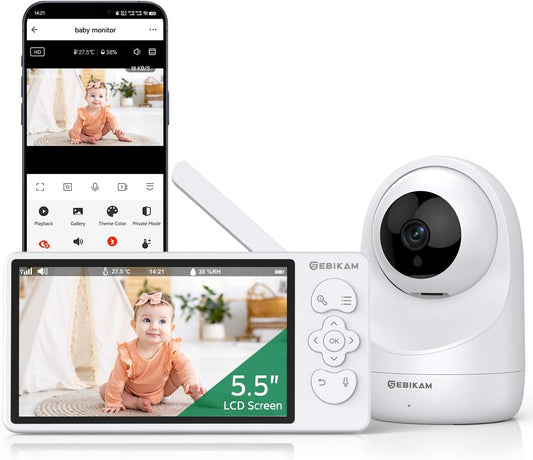 2K/3MP Babyfoon met Camera en App, 5,5 Inch Scherm, Bewegings- en Geluidsdetectie, Wifi, 4X Zoom, 4000mAh Accu, PTZ 355° Draaibaar, VOX-Modus, Nachtzicht, 2-Weg Audio, Temperatuuraanduiding