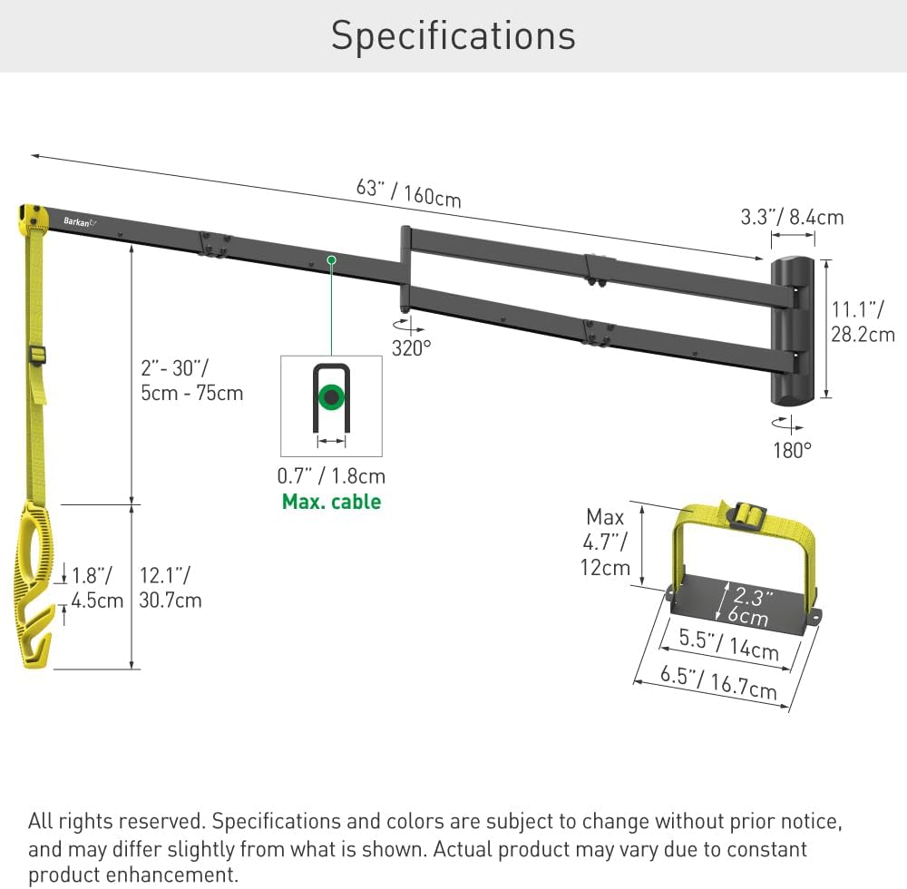 Barkan 160 cm lange EV oplaadkabel wandhouder arm, 5 jaar garantie, buiten/outdoor, weerbestendig en waterdicht, voor E-auto EV/PHEV/elektrische autokabel
