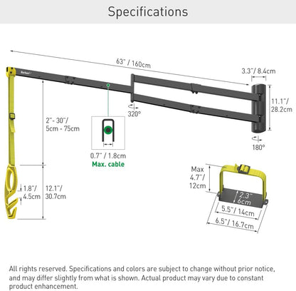 Barkan 160 cm lange EV oplaadkabel wandhouder arm, 5 jaar garantie, buiten/outdoor, weerbestendig en waterdicht, voor E-auto EV/PHEV/elektrische autokabel