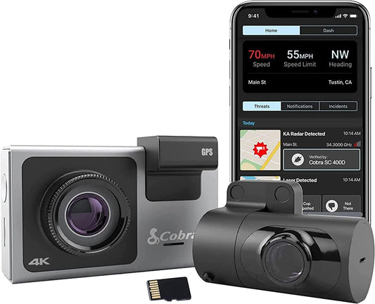 Cobra SC400D dashcam + achtercamera - 4K-resolutie, Alexa, geschikt voor 3 camera's, realtime stuurprogrammawaarschuwingen, heads-up navigatie, Emergency Mayday, Drive Smarter App, 3 "touchscreen,