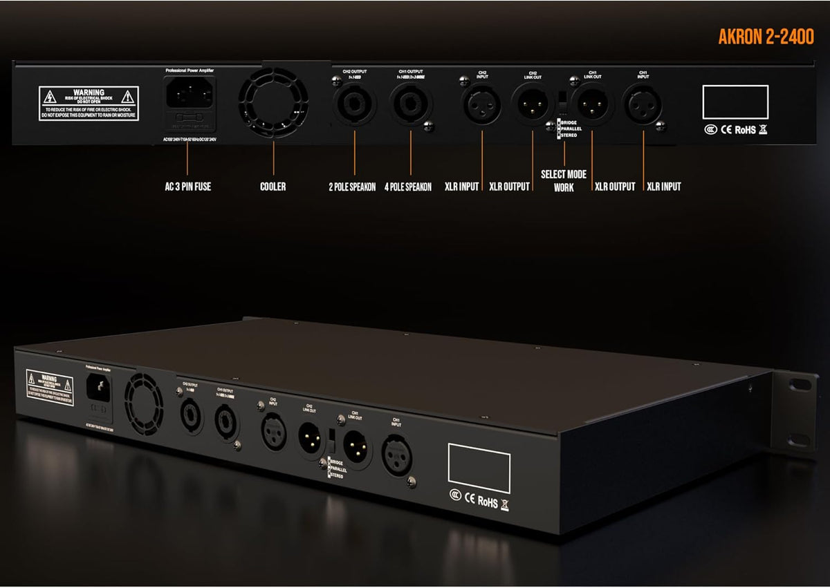 Audibax Akron 2-2400 Digitale versterker, 2-kanaals vermogen, 600 W, eenvoudige geluidsbediening, verbinding in brug-, stereo- of parallelle modus, XLR en speakon