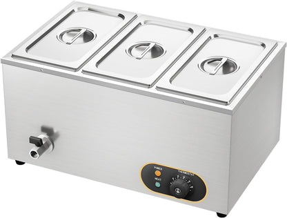Bain Marie Voedselverwarmer, waterbad, Gastro GN-containers, 1/3 x 3 warmhouders, roestvrij staal, met afvoerkraan, 1500 W, elektrische buffetwarmer