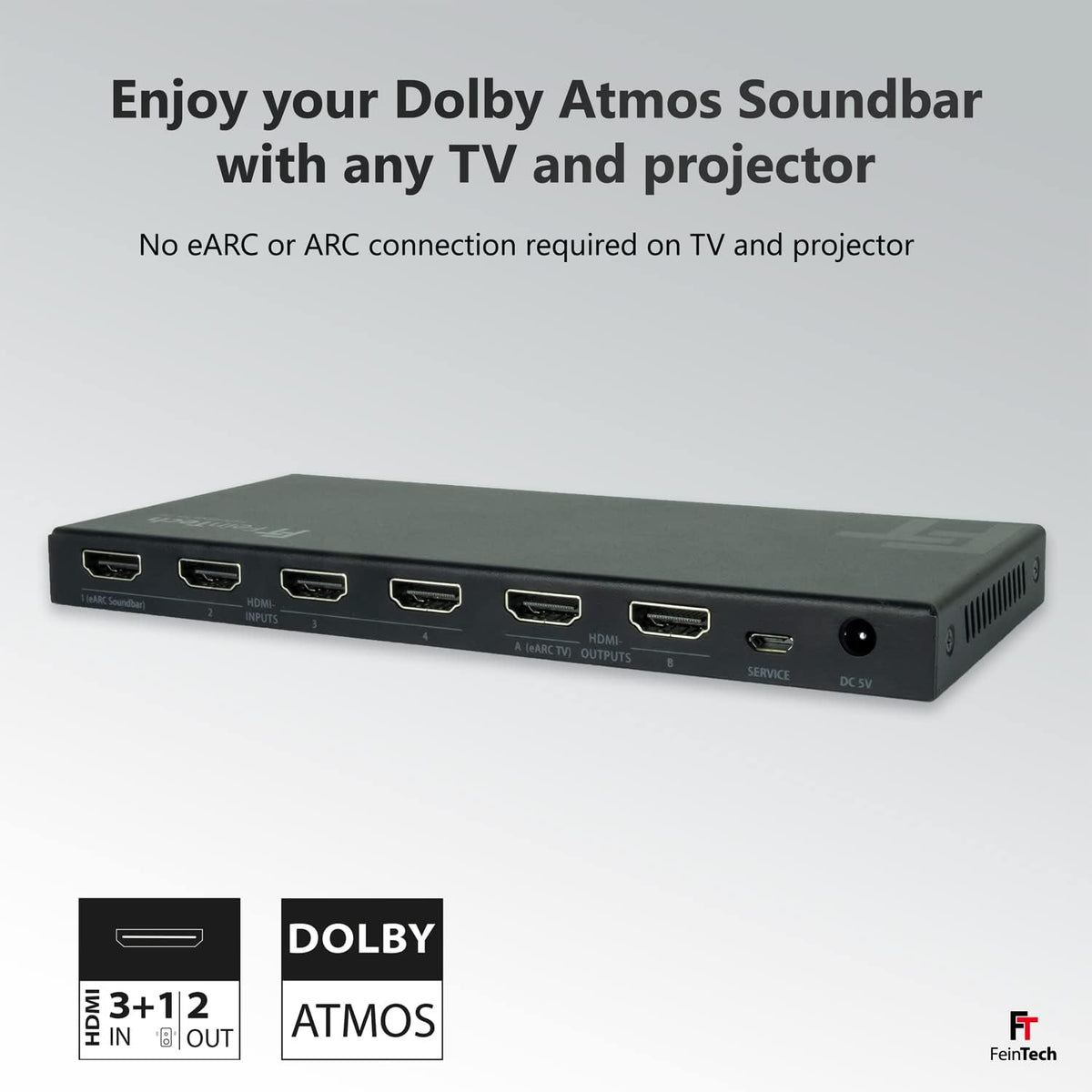 FeinTech VAX04201 HDMI eARC Pass Matrix Switch 4x2 voor soundbar en 2 displays 4K 60Hz Dolby Vision Atmos