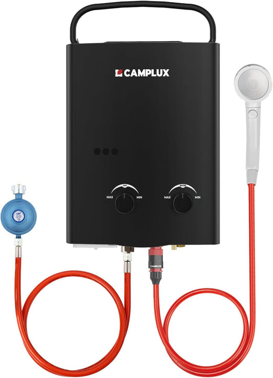 Camplux AY132B-DE doorstroomboiler zonder reservoir 50 mbar, 5 liter LPG met draagbare handgreep, 10 kW, propaangas of butaangas voor campingdouche