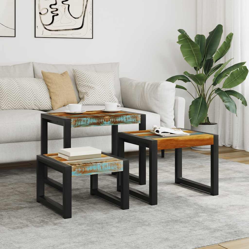 vidaXL 3x Side Table Solid Recycled Wood and Steel Frame Side Table
