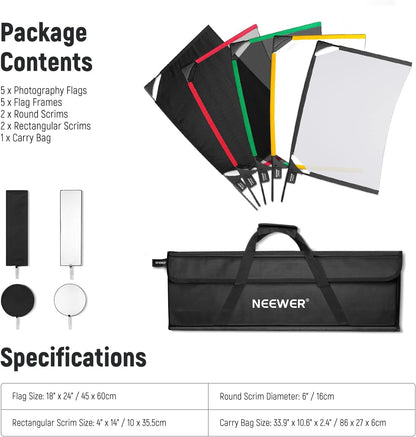 Opvouwbare Scrim Vlag Set – Fotografie Vlag – Lichtvlag – Scrim – Lichtmodifier – 5-In-1 Met 5 Vlaggen Van 45 X 60 Cm – Inclusief 2 Ronde En 2 Rechthoekige Scrims En Draagtas
