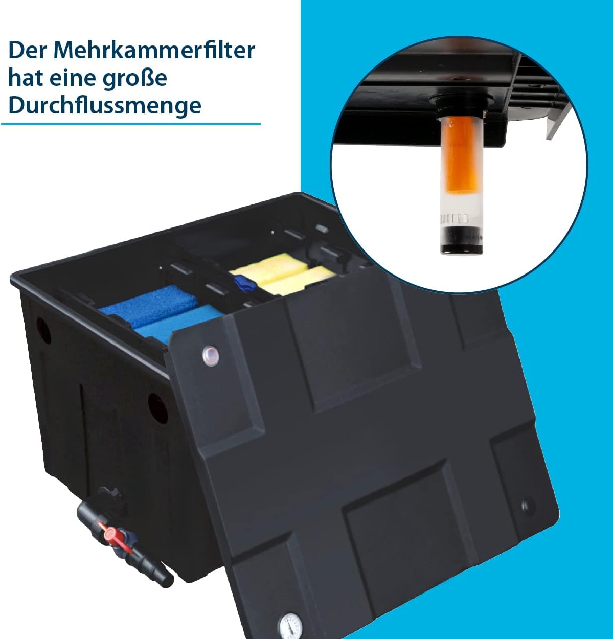 AquaForte MBF-550 meerkamerfilter, afmetingen 69 x 52 x 40 cm, max. vijvercapaciteit 24 m³ zonder vissen, max. debiet 12 m³/h, eenvoudig te installeren en te reinigen, geschikt voor verschillende
