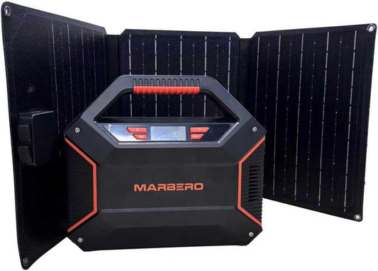 MARBERO Zonnegenerator, 99 Wh, draagbaar powerstation, 150 W, max. incl. 30 W zonnepaneel, opvouwbaar, groot batterijpack voor outdoor, camping, jacht, onafhankelijk leven, CPAP-apparaat, noodgevallen