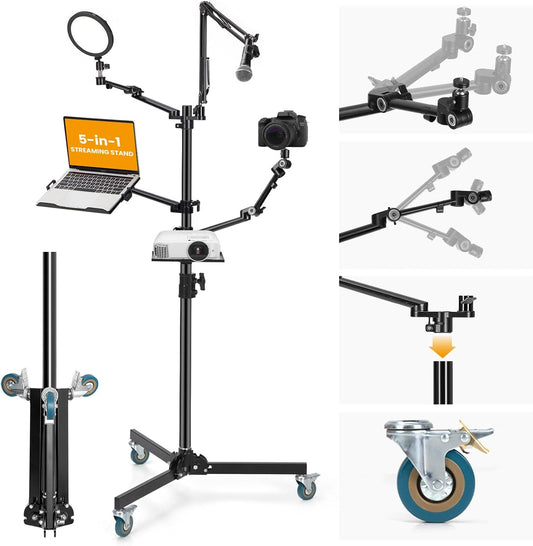 Mobiele Streamingstandaard – Vloerstandaard op Wielen – Vloerstatief – Camerastandaard – Microfoonstandaard – 5-In-1 Modulaire Studio-opstelling – 155 cm Hoog, 3 Vergrendelbare Wielen