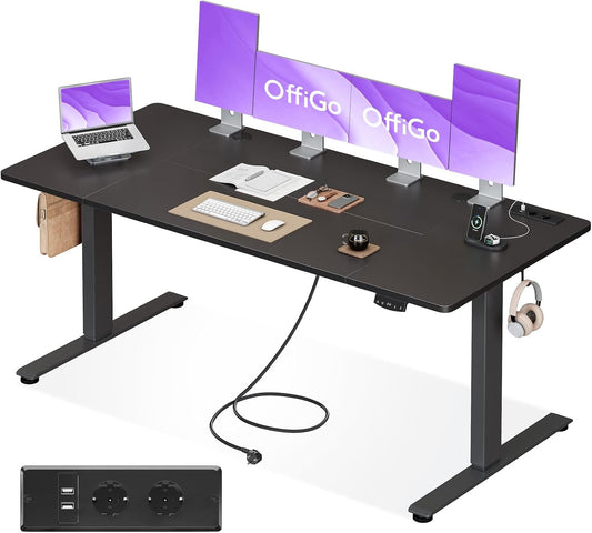 OffiGo Bureau Assis-Debout, 180 cm Elektrisch Bureau met Stopcontacten en USB, Standing Desk met 2 Geheugenstanden, Elektrische Tafel voor Thuis, Zwart