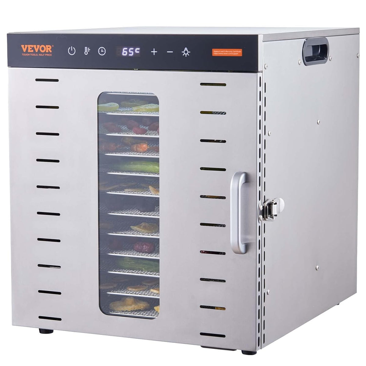 VEVOR Voedseldroger met 10 vakken, roestvrij staal, 1000 W, elektrisch, voor groenten en fruit, instelbare temperatuur van 30 tot 90 °C, timer, 0,5-48 uur, voor kruiden, vlees