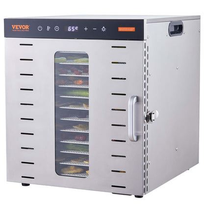 VEVOR Voedseldroger met 10 vakken, roestvrij staal, 1000 W, elektrisch, voor groenten en fruit, instelbare temperatuur van 30 tot 90 °C, timer, 0,5-48 uur, voor kruiden, vlees
