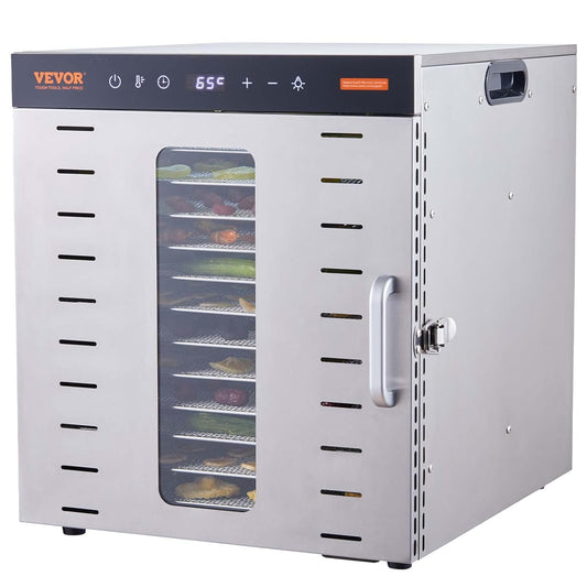 VEVOR Voedseldroger met 10 vakken, roestvrij staal, 1000 W, elektrisch, voor groenten en fruit, instelbare temperatuur van 30 tot 90 °C, timer, 0,5-48 uur, voor kruiden, vlees