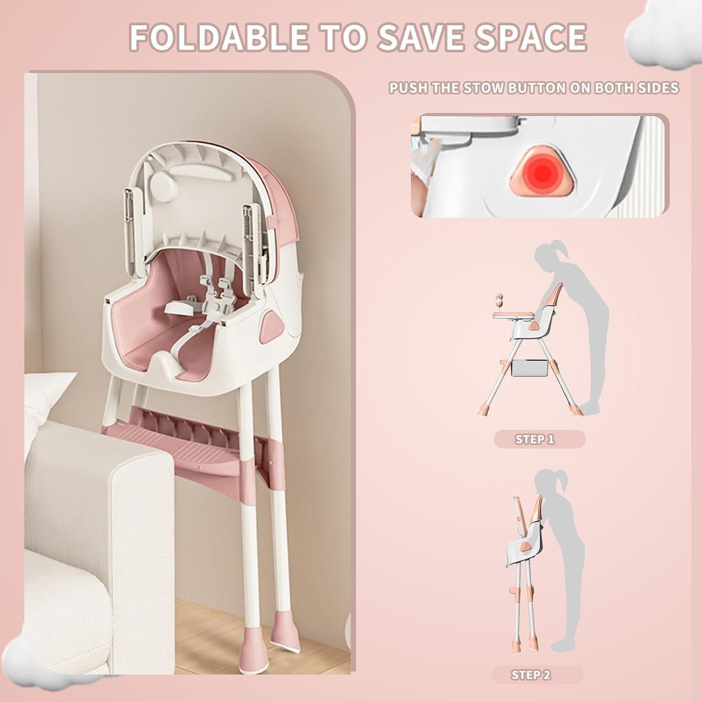 Opvouwbare Kinderstoel - Met Grote Antislipmat en Speelgoedrek - 6 Maanden en Ouder - Roze