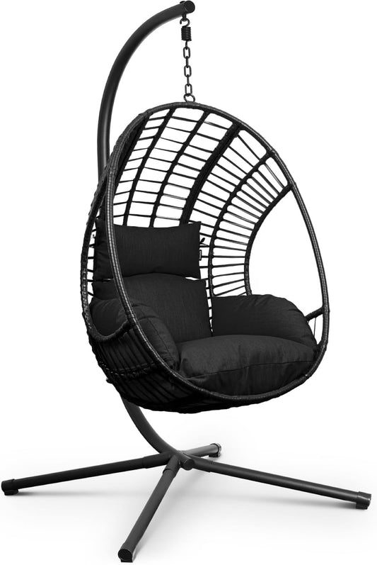 Swoods XXL Egg Hangstoel – Hangstoel met standaard – Voor Binnen en Buiten – Incl. Kussens en beschermhoes– Egg Chair – Weerbestendig - Ei Stoel – tot 150kg (Zwart)