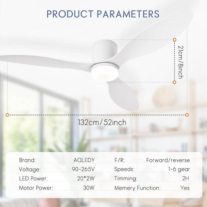 Grote Plafondventilator Met Verlichting En Afstandsbediening Voor De Slaapkamer, Moderne Plafondventilator Voor Binnen Met Lampen, 6-snelheden Stille DC-motor, Geheugenfunctie Dimbare Led-52in