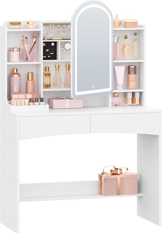 Hzuaneri LED Makeup Table, Large 90 cm Tabletop, Dressing Table with Curved Round Mirror, Hidden Jewellery Shelf Behind Mirror, 3 Colours, White DT41403XEU