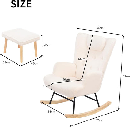 Schommelstoel – Relaxstoel – Schommelstoel Met Voetensteun – Lounge Stoel – Wipstoel – Teddy Pluche Wit – Houten Frame – Ergonomisch Hoofdsteun