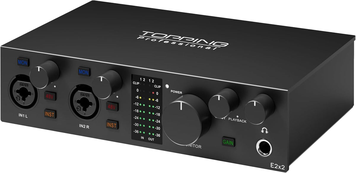 Topping Professional E2x2, USB-audio-interface en ultralineaire microfoonvoorversterkermodule (zwart)