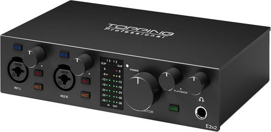 Topping Professional E2x2, USB-audio-interface en ultralineaire microfoonvoorversterkermodule (zwart)