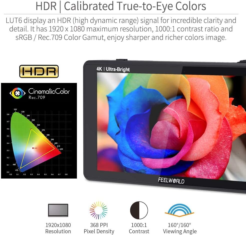 FEELWORLD LUT6 2600Nit Video Field Monitor 6 Inch TouchScreen Camera Monitor with 3D LUT, HD 1920x1080 IPS,4K HDMI Input/Loop Output,HDR Waveform,Focus Video Assist for DSLR - QUORE