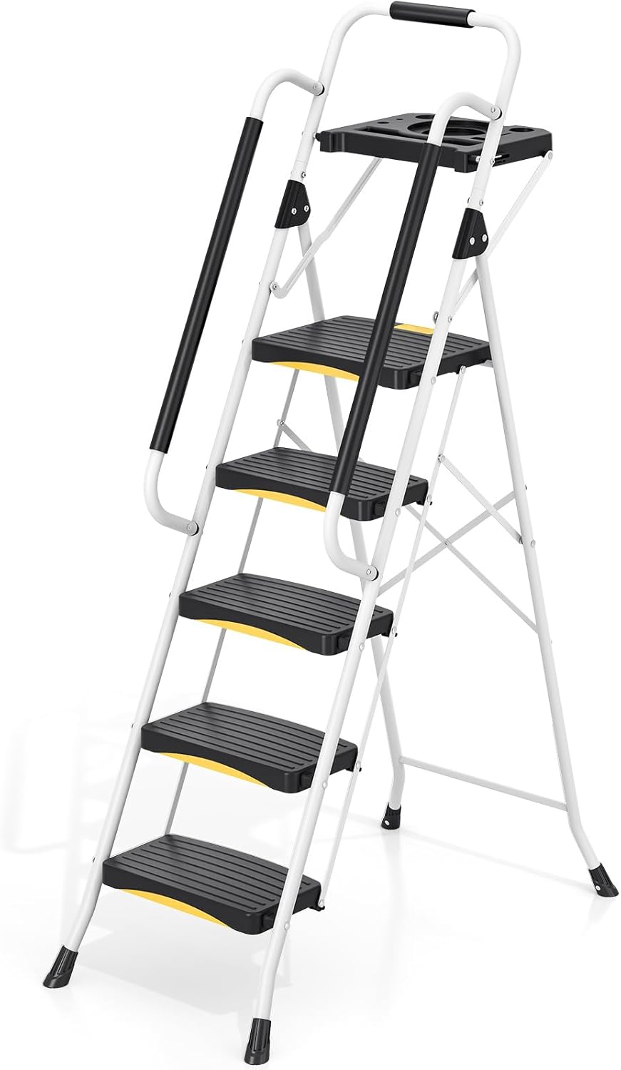 5-traps ladder met gereedschapsbak, opvouwbare stalen opstapkruk met veiligheidsslot en leuning, brede antislip pedalen, 150 kg draagkracht, draagbare ladder voor keuken, kantoor, thuis