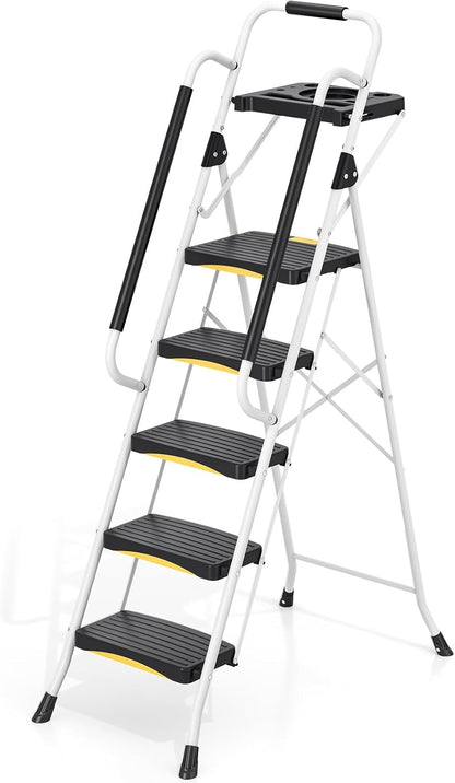 5-traps ladder met gereedschapsbak, opvouwbare stalen opstapkruk met veiligheidsslot en leuning, brede antislip pedalen, 150 kg draagkracht, draagbare ladder voor keuken, kantoor, thuis