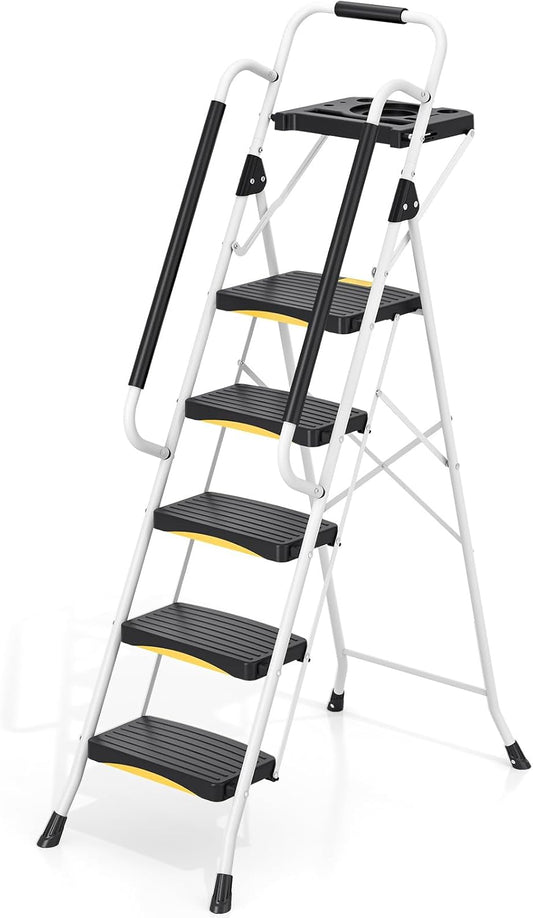 5-traps ladder met gereedschapsbak, opvouwbare stalen opstapkruk met veiligheidsslot en leuning, brede antislip pedalen, 150 kg draagkracht, draagbare ladder voor keuken, kantoor, thuis