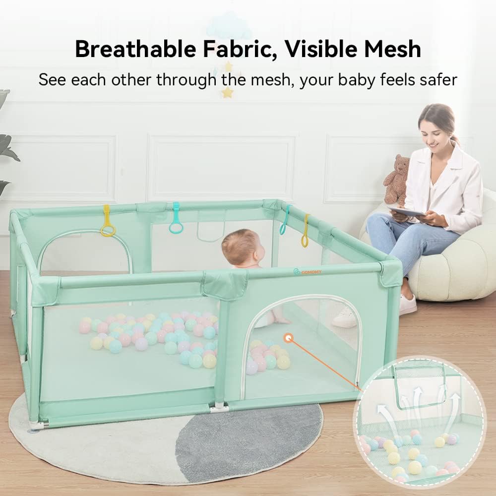 COMOMY Baby Playpen 180 x 150 x 66 cm Playpen for Babies and Toddlers, Large Playpen with Activity Centre for Children, Indoor & Outdoor, Playground with Non-Slip Bottom, Breathable Mesh (Green) - QUORE
