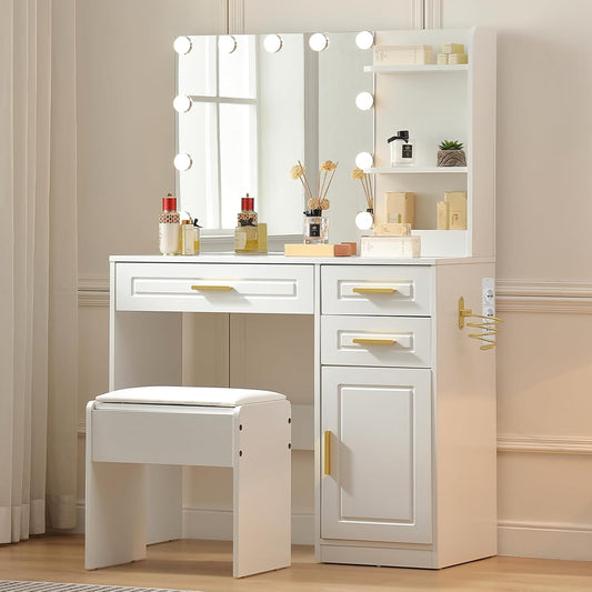 Makeup Vanity Desk Makeup Table with Mirror and Lighting, 3 Drawers, Dressing Table, Socket, Chair, 3 Adjustable Colour Modes, for Bedroom, White - QUORE